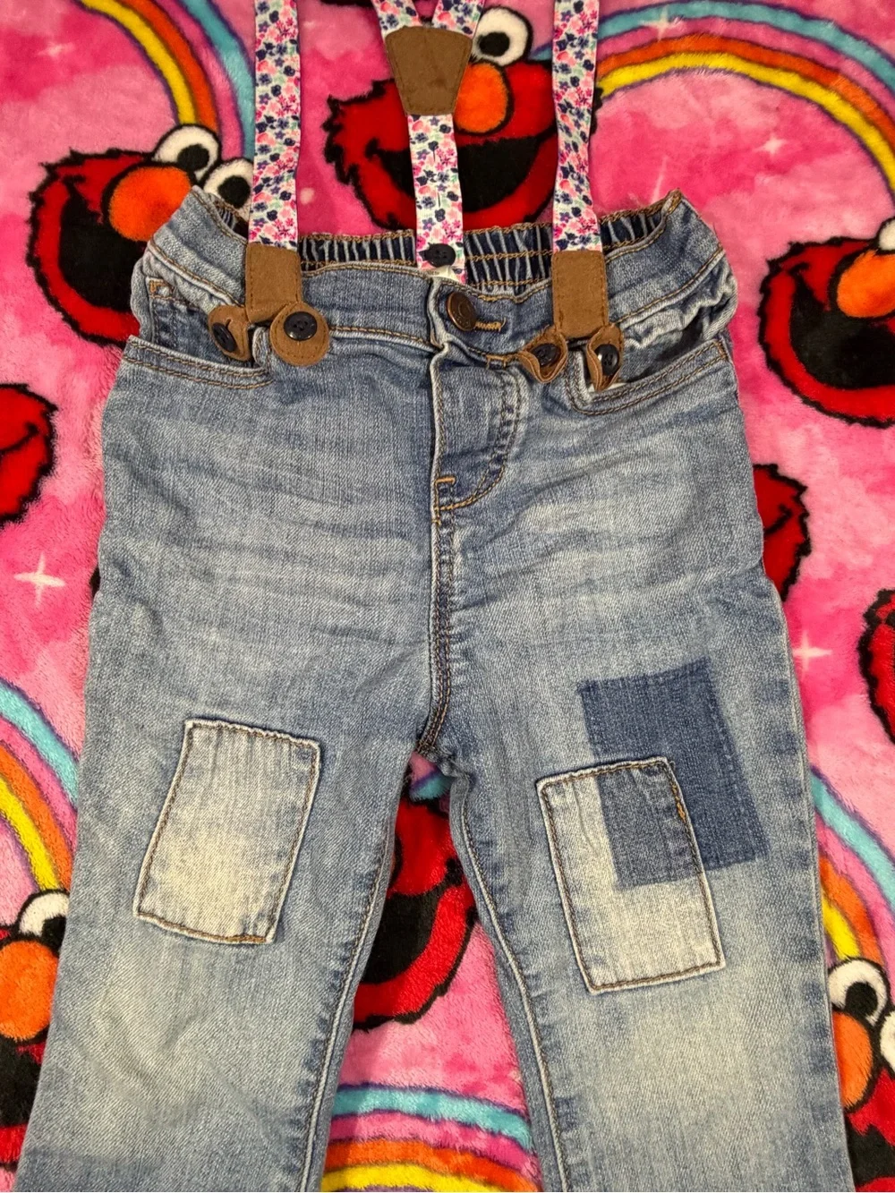 OshKosh B'gosh 24M Patchwork Denim Overalls with Floral Suspenders